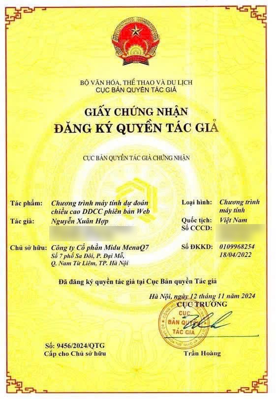 Giấy chứng nhận đăng ký quyền tác giả Chương trình máy tính dự đoán chiều cao DDCC phiên bản Web