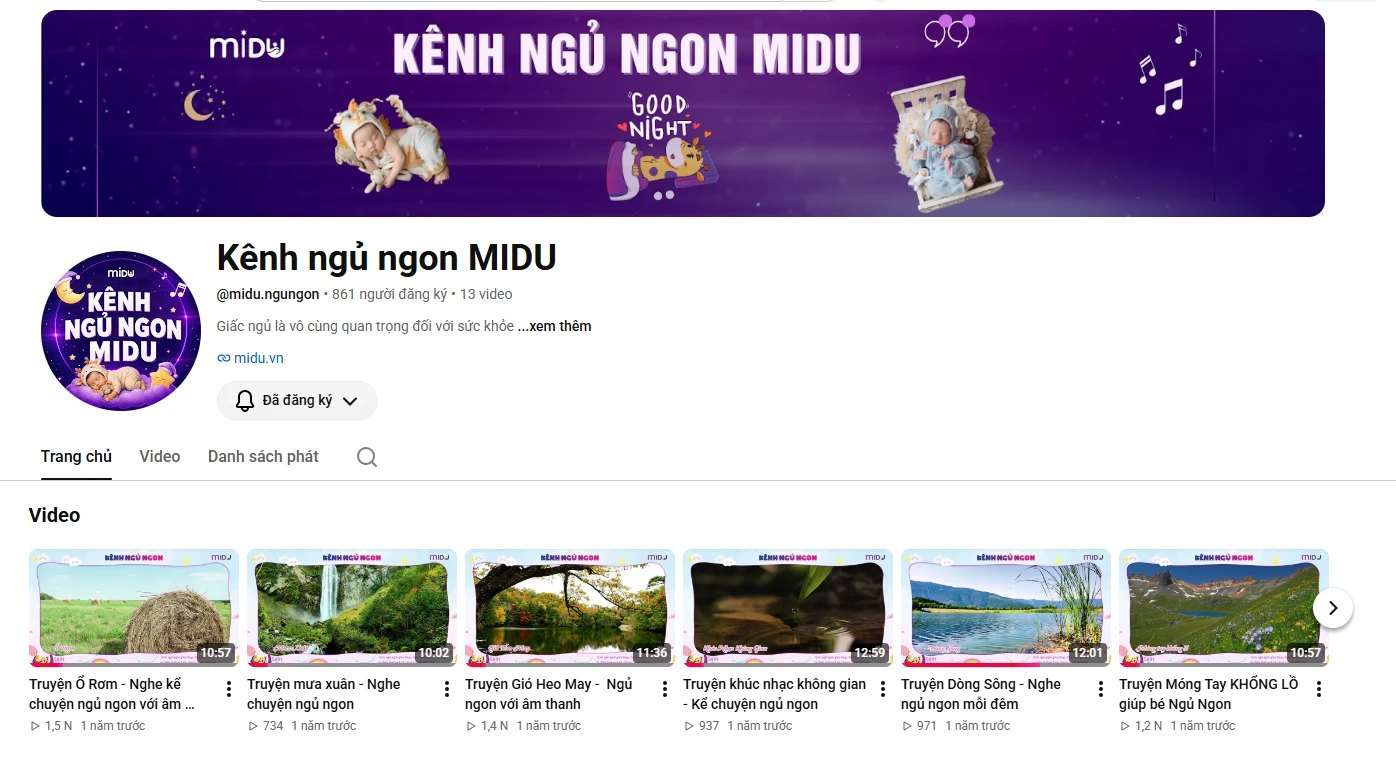 Trang kênh YouTube Kênh ngủ ngon MIDU với các video truyện ngủ ngon