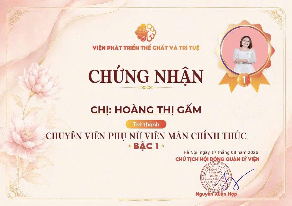 Chứng nhận Hoàng Thị Gấm trở thành Chuyên viên Phụ nữ Viên mãn chính thức Bậc 1